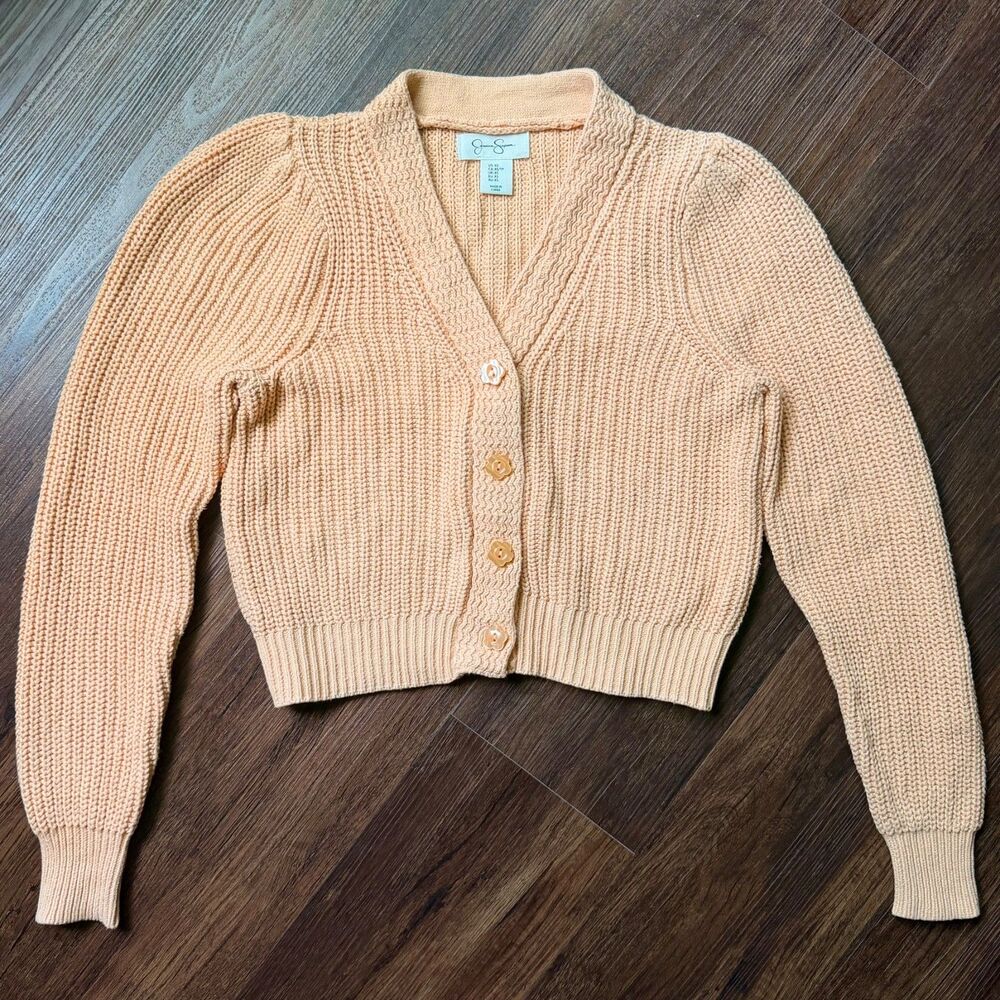 Jessica Simpson Women's S Apricot Cardigan Sweater, Flower Buttons, Puff Sleeves